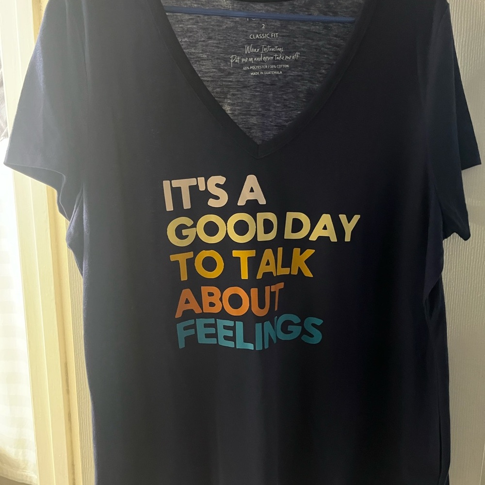 Navy V-Neck Tee with Colorful Text